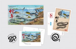 Snake in the water by cliffs, illustration postage stamp, cover and card